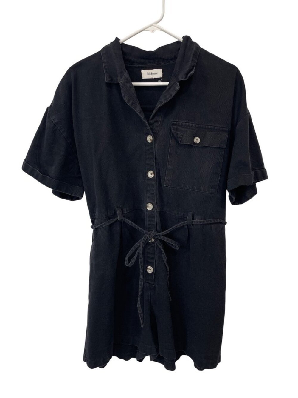 Böhme Romper XL Cuffed Short Sleeve Button Up Tie Waist Black Cotton Utility